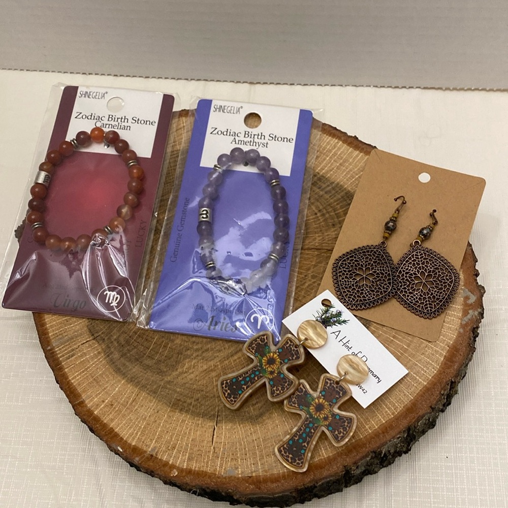 2 Set Pierced Earrings &  1 Virgo & 1 Aries Zodiac Bracelets.